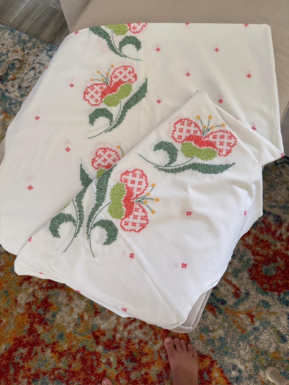 Tablecloth Handmade Hand Cross Stitch Floral Cotton 88x56 Vintage